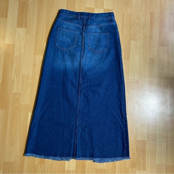 Anthropologie Pilcro The Madi Front Slit Dark Blue Denim Maxi Skirt Raw Hem - Picture 11 of 14